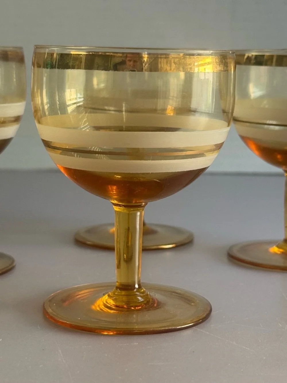 MCM Set of 4 Vintage Amber Wine Goblets with Gold Trim 70’s era